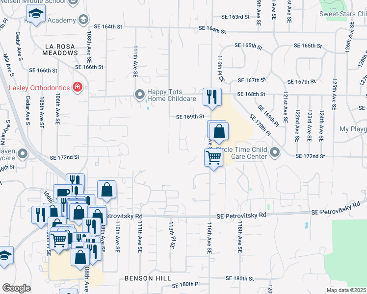map of restaurants, bars, coffee shops, grocery stores, and more near 11416 Southeast 171st Place in Renton