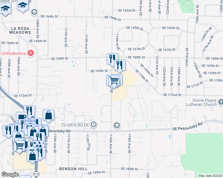 map of restaurants, bars, coffee shops, grocery stores, and more near 17115 116th Avenue Southeast in Renton