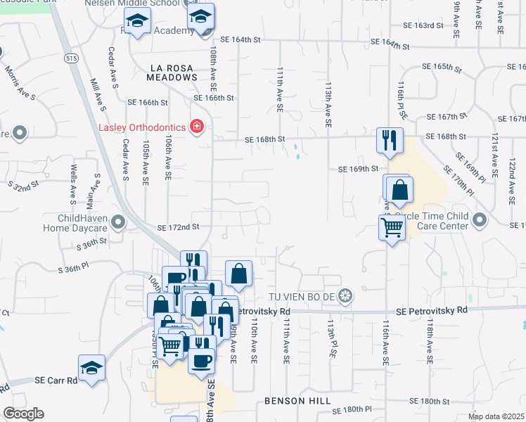 map of restaurants, bars, coffee shops, grocery stores, and more near 10930 Southeast 172nd Street in Renton