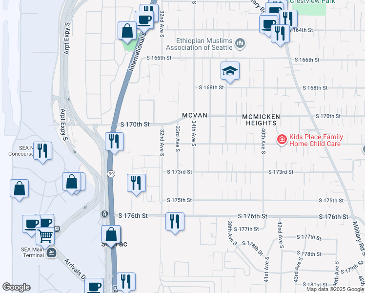 map of restaurants, bars, coffee shops, grocery stores, and more near 17204 33rd Avenue South in SeaTac