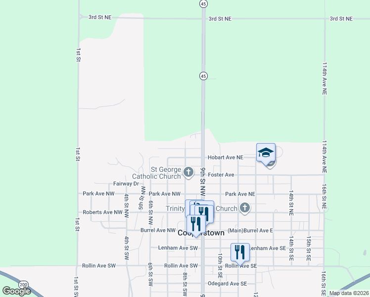 map of restaurants, bars, coffee shops, grocery stores, and more near 700 Cherokee Court Northwest in Cooperstown