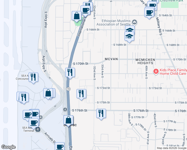 map of restaurants, bars, coffee shops, grocery stores, and more near 3159 South 172nd Street in SeaTac