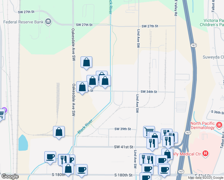 map of restaurants, bars, coffee shops, grocery stores, and more near Springbrook Trail in Renton