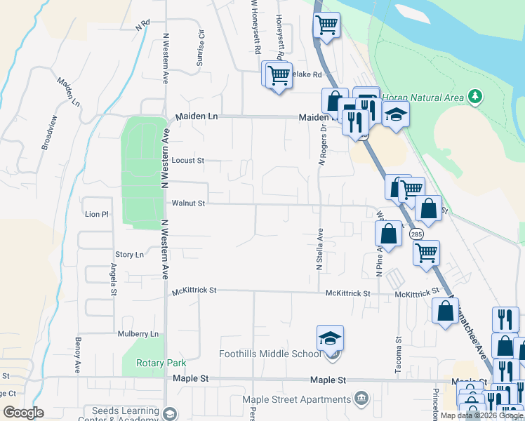 map of restaurants, bars, coffee shops, grocery stores, and more near 1531 Walnut Street in Wenatchee
