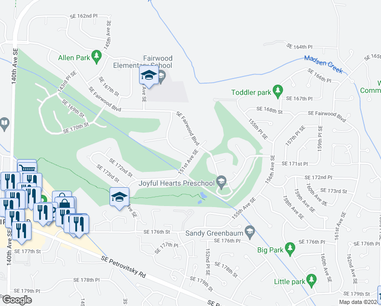 map of restaurants, bars, coffee shops, grocery stores, and more near 17051 151st Avenue Southeast in Renton