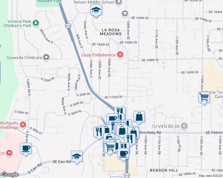 map of restaurants, bars, coffee shops, grocery stores, and more near 17024 106th Avenue Southeast in Renton