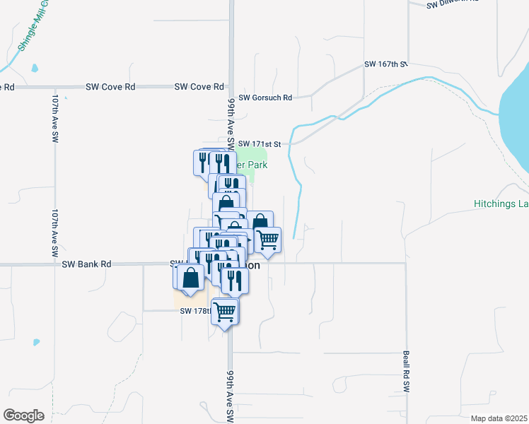 map of restaurants, bars, coffee shops, grocery stores, and more near 17320 97th Place Southwest in Vashon