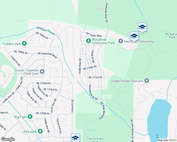 map of restaurants, bars, coffee shops, grocery stores, and more near 17023 Woodside Drive Southeast in Renton