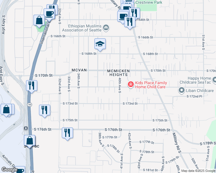 map of restaurants, bars, coffee shops, grocery stores, and more near 3734 South 172nd Street in Seattle