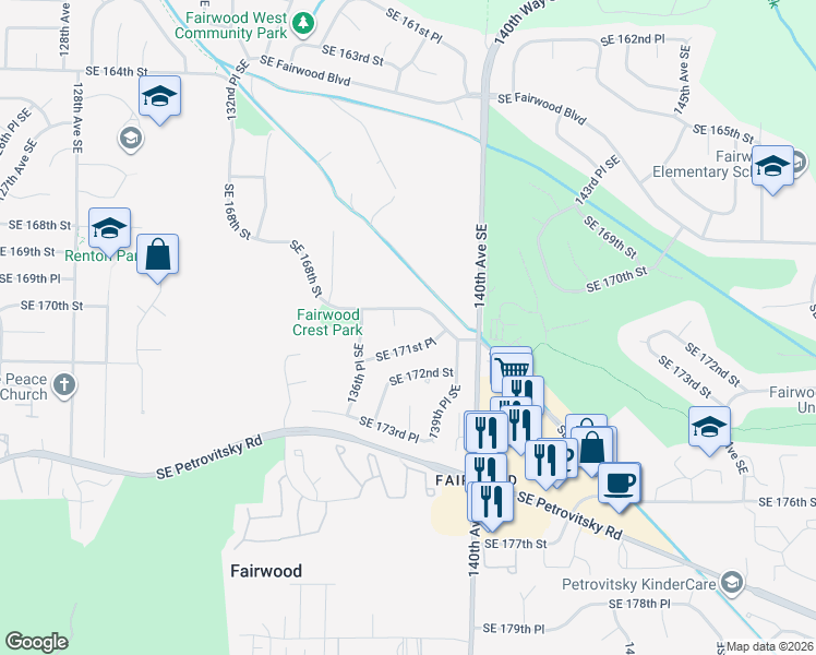 map of restaurants, bars, coffee shops, grocery stores, and more near 17014 137th Place Southeast in Renton