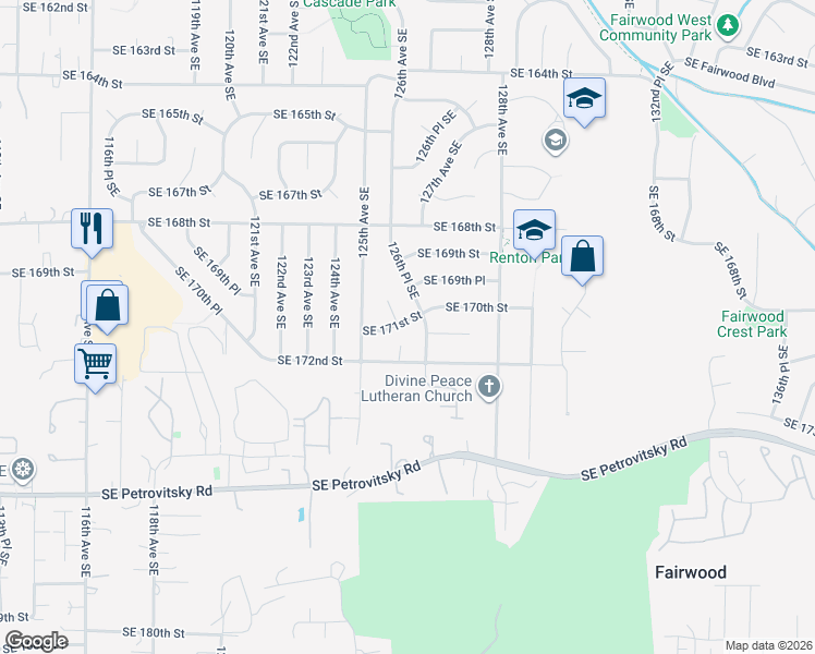 map of restaurants, bars, coffee shops, grocery stores, and more near 12543 Southeast 170th Place in Renton