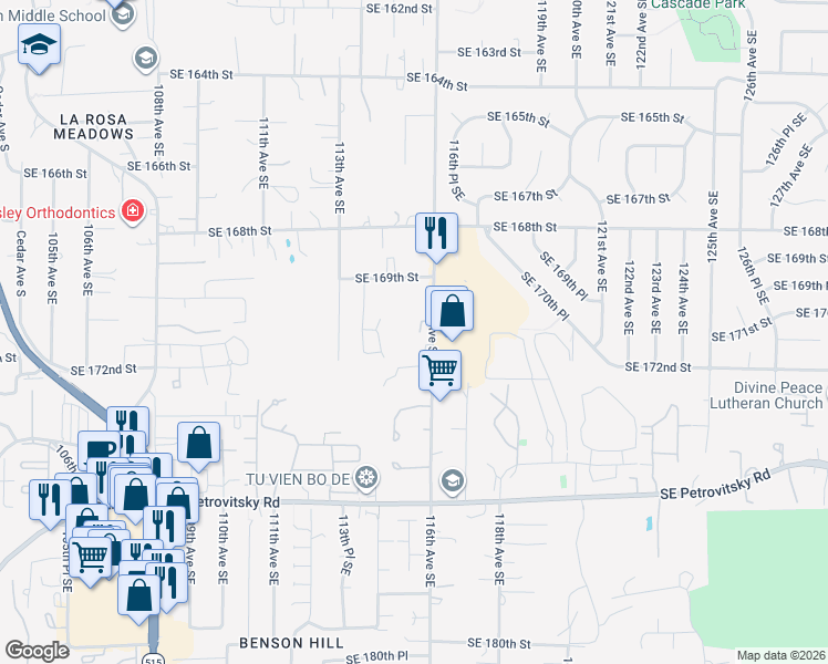map of restaurants, bars, coffee shops, grocery stores, and more near 11556 Southeast 170th Court in Renton