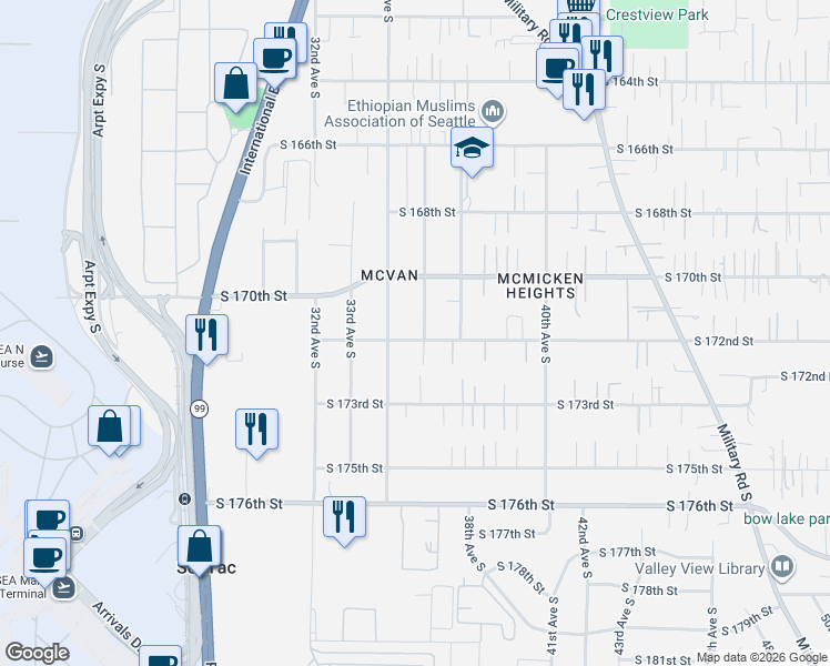map of restaurants, bars, coffee shops, grocery stores, and more near 3501 South 172nd Street in SeaTac