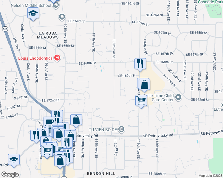map of restaurants, bars, coffee shops, grocery stores, and more near 17023 113th Avenue Southeast in Renton