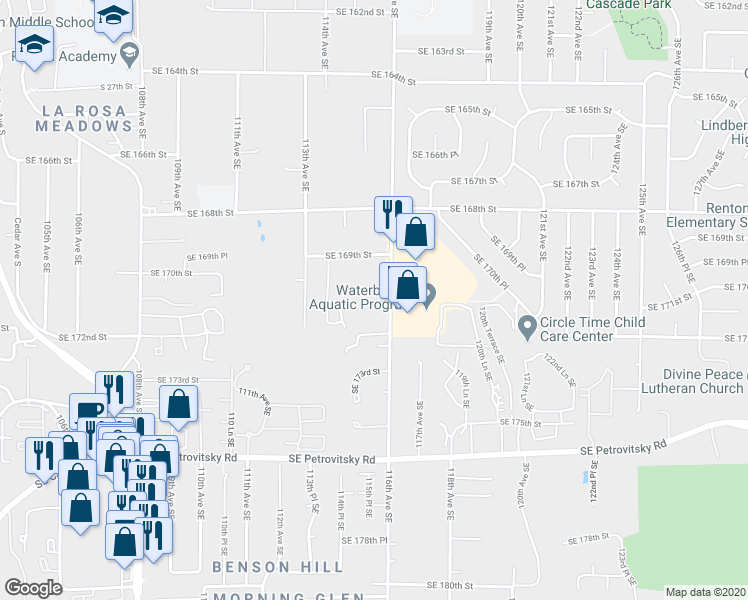map of restaurants, bars, coffee shops, grocery stores, and more near 11556 Southeast 170th Court in Renton