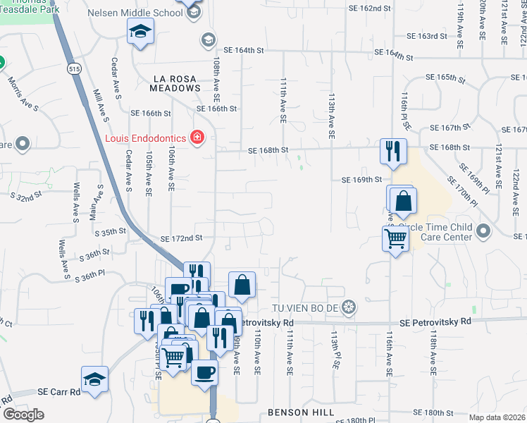 map of restaurants, bars, coffee shops, grocery stores, and more near 10930 Southeast 172nd Street in Renton