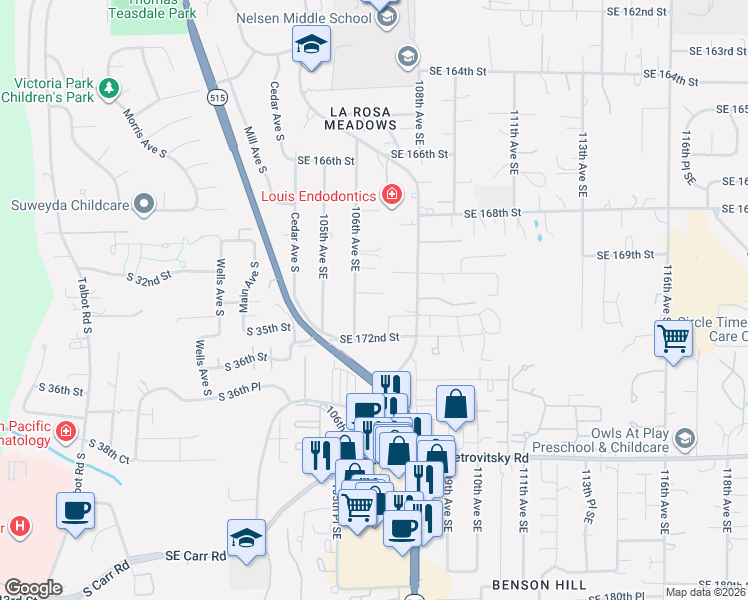 map of restaurants, bars, coffee shops, grocery stores, and more near 17024 106th Avenue Southeast in Renton