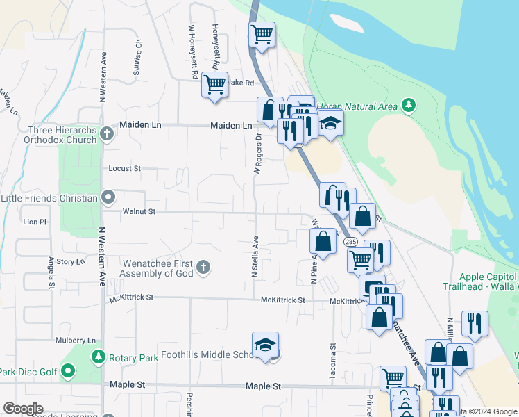 map of restaurants, bars, coffee shops, grocery stores, and more near 1408 Walnut Street in Wenatchee