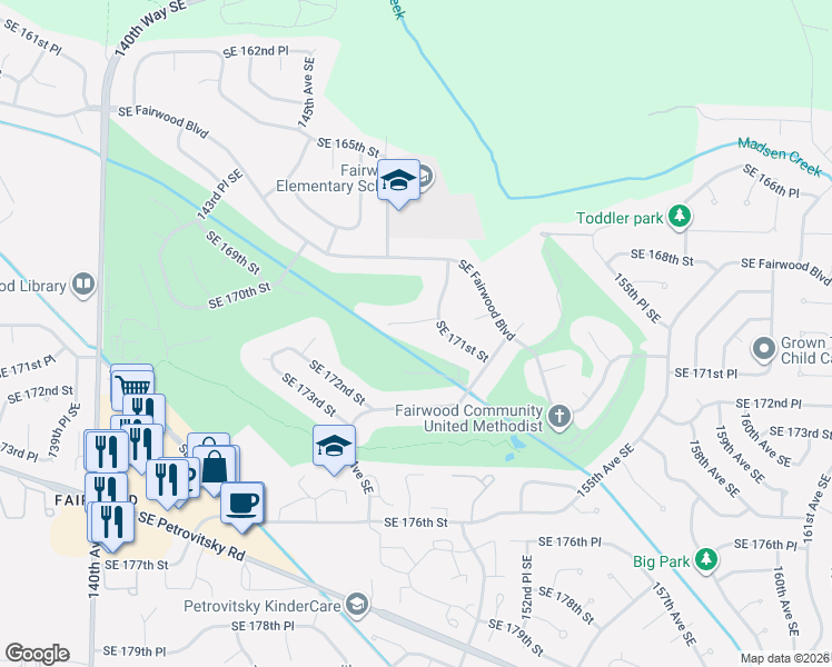 map of restaurants, bars, coffee shops, grocery stores, and more near 14825 Southeast 170th Street in Renton