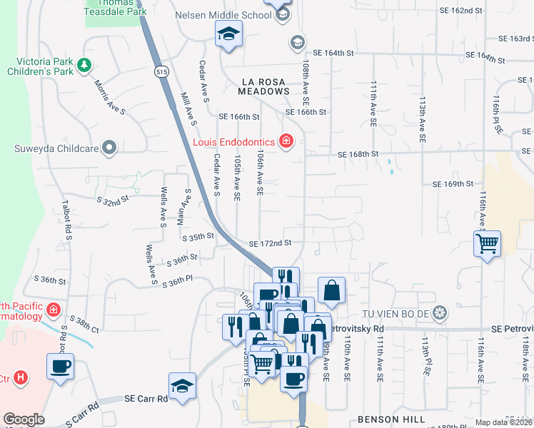 map of restaurants, bars, coffee shops, grocery stores, and more near 17024 106th Avenue Southeast in Renton
