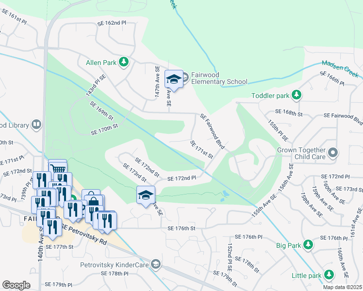 map of restaurants, bars, coffee shops, grocery stores, and more near 14829 Southeast 170th Street in Renton