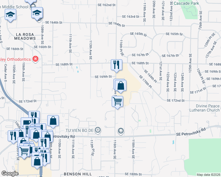 map of restaurants, bars, coffee shops, grocery stores, and more near 11556 Southeast 170th Court in Renton
