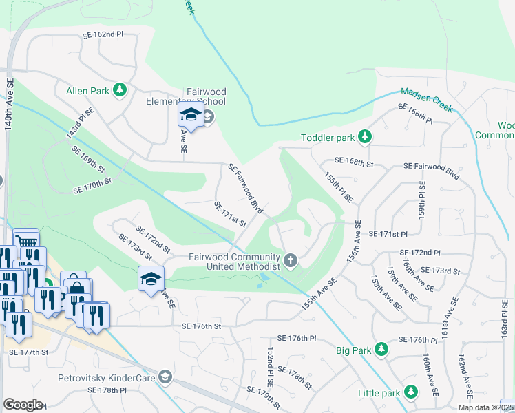 map of restaurants, bars, coffee shops, grocery stores, and more near 17051 151st Avenue Southeast in Renton