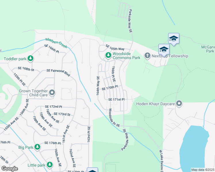 map of restaurants, bars, coffee shops, grocery stores, and more near 16941 Woodside Drive Southeast in Renton