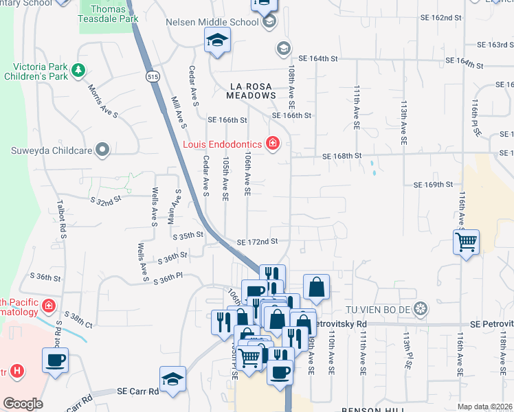 map of restaurants, bars, coffee shops, grocery stores, and more near 17024 106th Avenue Southeast in Renton