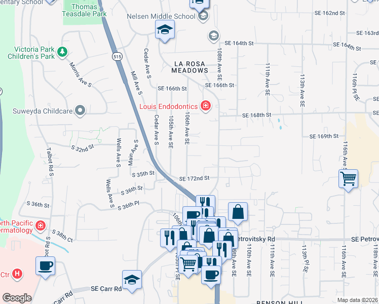 map of restaurants, bars, coffee shops, grocery stores, and more near 17024 106th Avenue Southeast in Renton