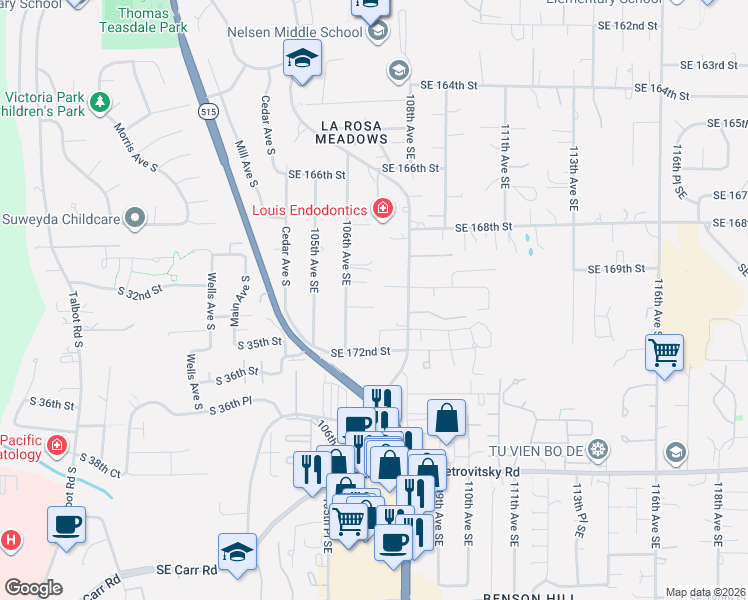 map of restaurants, bars, coffee shops, grocery stores, and more near 17024 106th Avenue Southeast in Renton