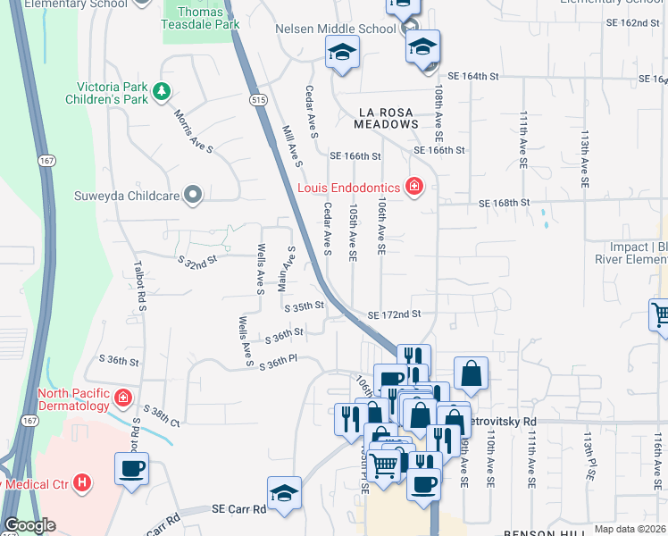 map of restaurants, bars, coffee shops, grocery stores, and more near 17032 104th Avenue Southeast in Renton