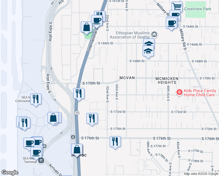 map of restaurants, bars, coffee shops, grocery stores, and more near 3159 South 172nd Street in SeaTac