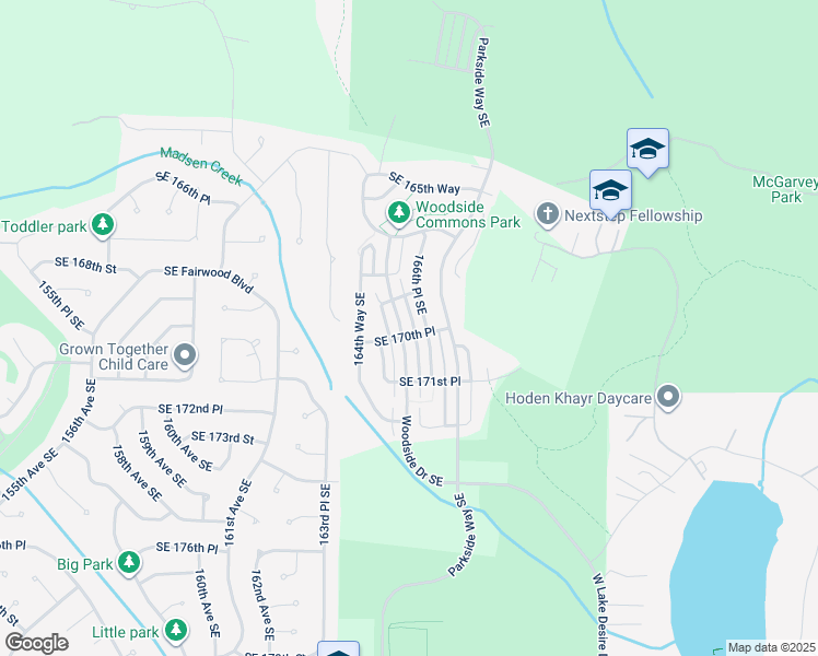 map of restaurants, bars, coffee shops, grocery stores, and more near 16950 Woodside Drive Southeast in Renton