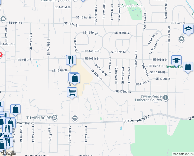 map of restaurants, bars, coffee shops, grocery stores, and more near 12007 Southeast 169th Place in Renton