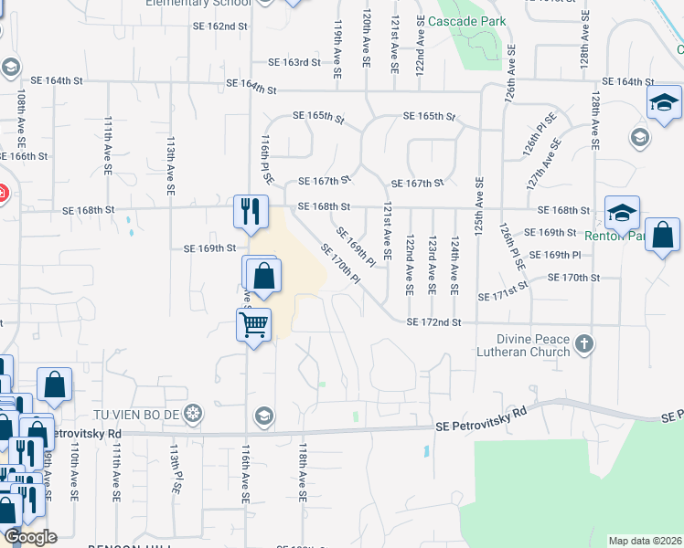 map of restaurants, bars, coffee shops, grocery stores, and more near 12007 Southeast 169th Place in Renton