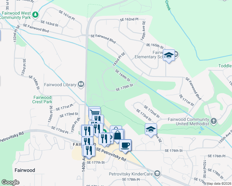 map of restaurants, bars, coffee shops, grocery stores, and more near 14221 Southeast 170th Street in Renton