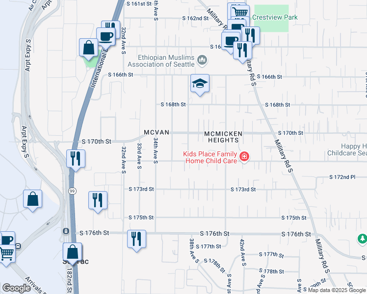 map of restaurants, bars, coffee shops, grocery stores, and more near 3705 South 170th Street in SeaTac