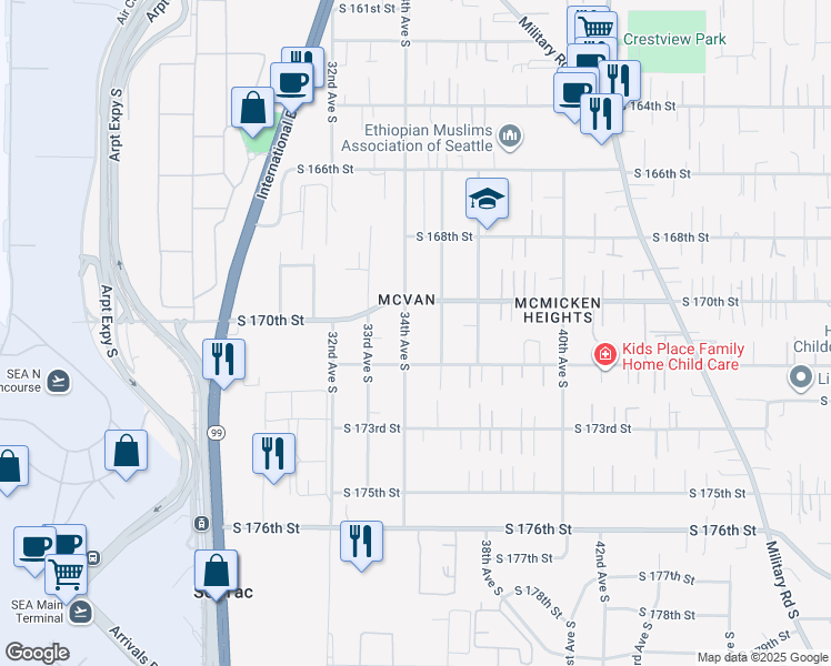 map of restaurants, bars, coffee shops, grocery stores, and more near 17004 34th Avenue South in SeaTac