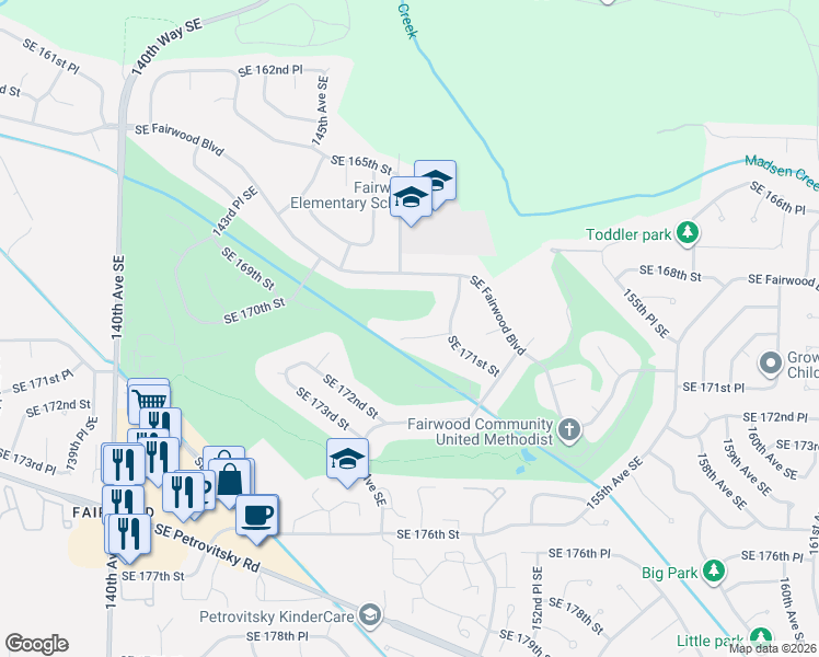 map of restaurants, bars, coffee shops, grocery stores, and more near 16929 150th Avenue Southeast in Renton