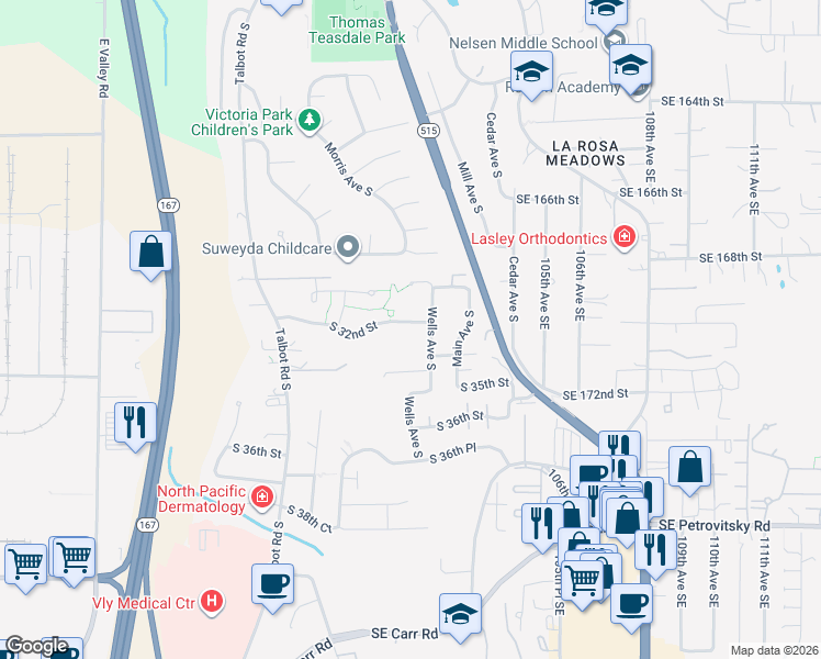 map of restaurants, bars, coffee shops, grocery stores, and more near 900 South 32nd Street in Renton