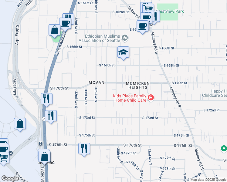 map of restaurants, bars, coffee shops, grocery stores, and more near 3705 South 170th Street in SeaTac