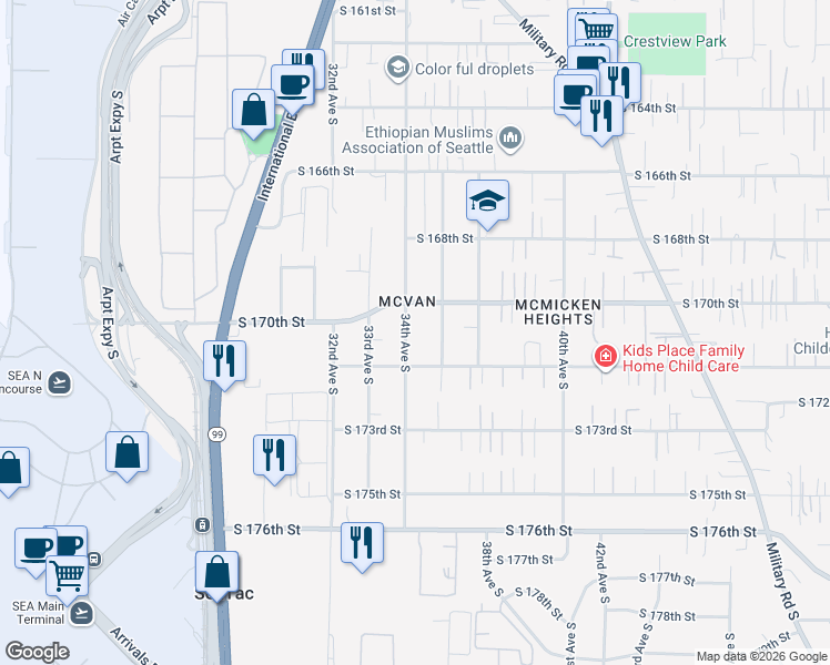 map of restaurants, bars, coffee shops, grocery stores, and more near 17004 34th Avenue South in SeaTac