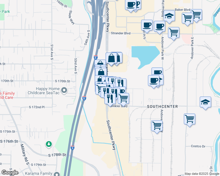 map of restaurants, bars, coffee shops, grocery stores, and more near 17200 Southcenter Parkway in Tukwila