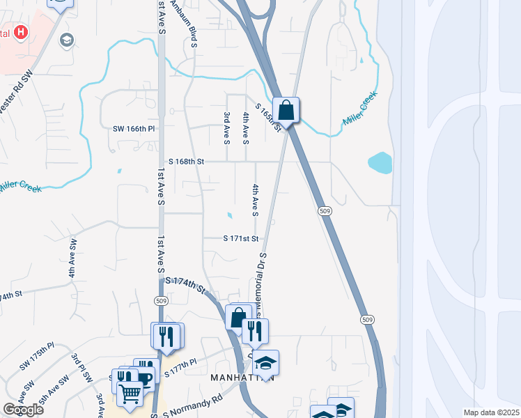 map of restaurants, bars, coffee shops, grocery stores, and more near 16848 4th Avenue South in Burien