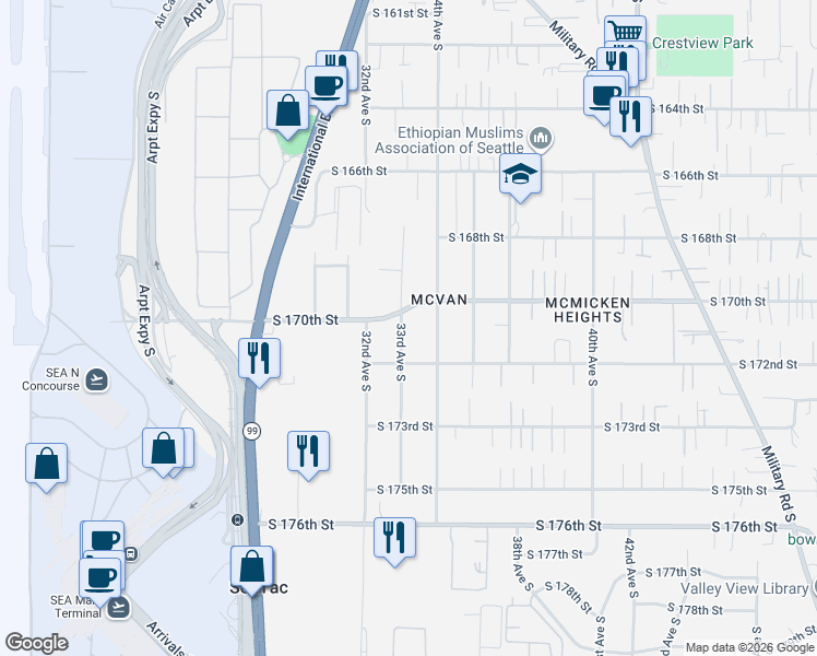 map of restaurants, bars, coffee shops, grocery stores, and more near 17014 33rd Avenue South in SeaTac