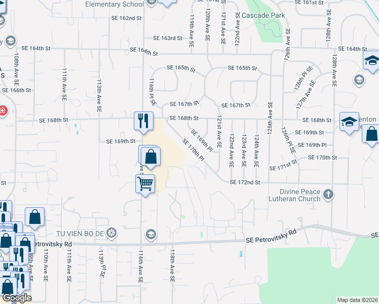map of restaurants, bars, coffee shops, grocery stores, and more near 11831 Southeast 170th Place in Renton