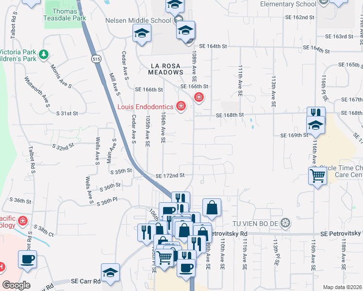 map of restaurants, bars, coffee shops, grocery stores, and more near 16839 108th Avenue Southeast in Renton