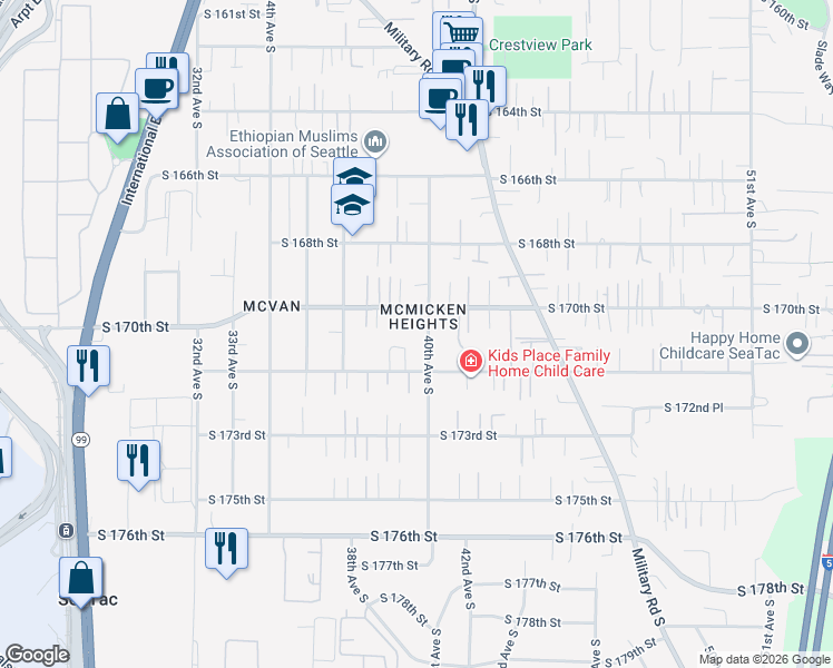 map of restaurants, bars, coffee shops, grocery stores, and more near in SeaTac