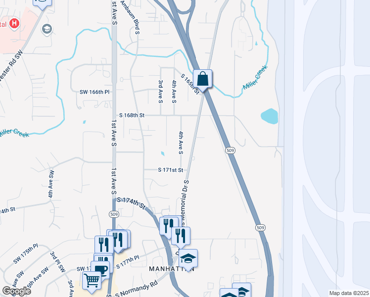 map of restaurants, bars, coffee shops, grocery stores, and more near 16848 4th Avenue South in Burien